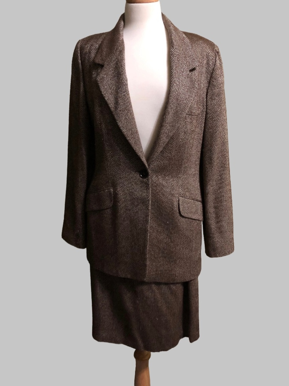 Vintage Linda Allard Ellen Tracy Brown Herringbone Wool Blend Skirt Suit Set (6)